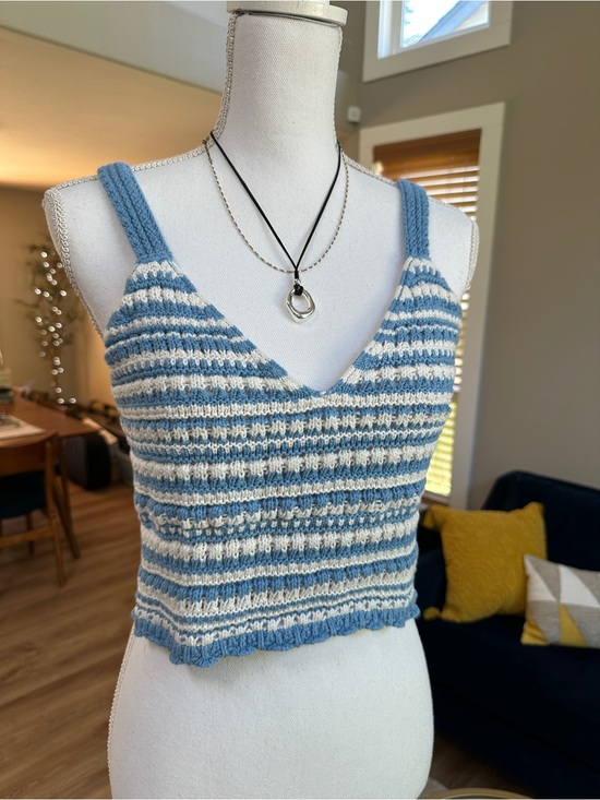 Hollister Tops - Hollister boho cropped cotton crochet deep v neck striped blue and white top
